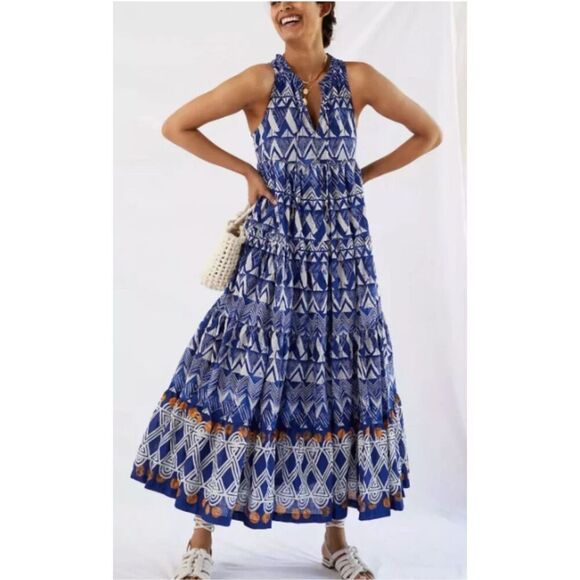 Anthropologie Diaz Tiered Maxi Dress Blue Abstract Womans Large - Picture 2 of 16